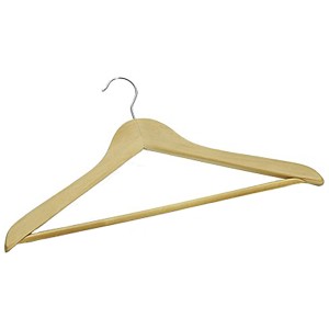 Kleiderbügel aus Holz, naturfarben, mit Steg für Hosen und Röcke.