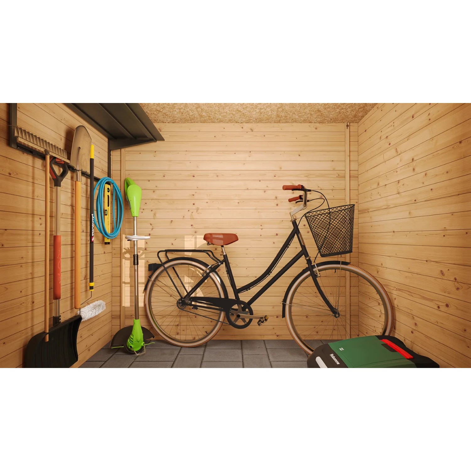 Innenansicht: Timbela Gartenhaus M310 mit Fahrrad und Gartengeräten. Holz-Gartenhaus für Geräte.