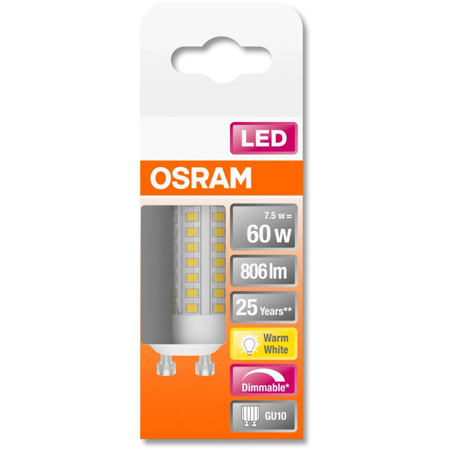 Osram GU10 LED Leuchtmittel, 7,5W, warmweiß, dimmbar. Kompakte LED Lampe für den Innenbereich.