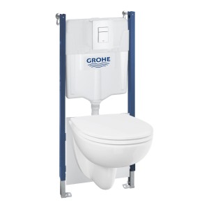 Grohe Wand-WC-Set Solido Compact: blaues Montageelement, weißer Unterputz-Spülkasten, Keramik-WC mit Sitz.
