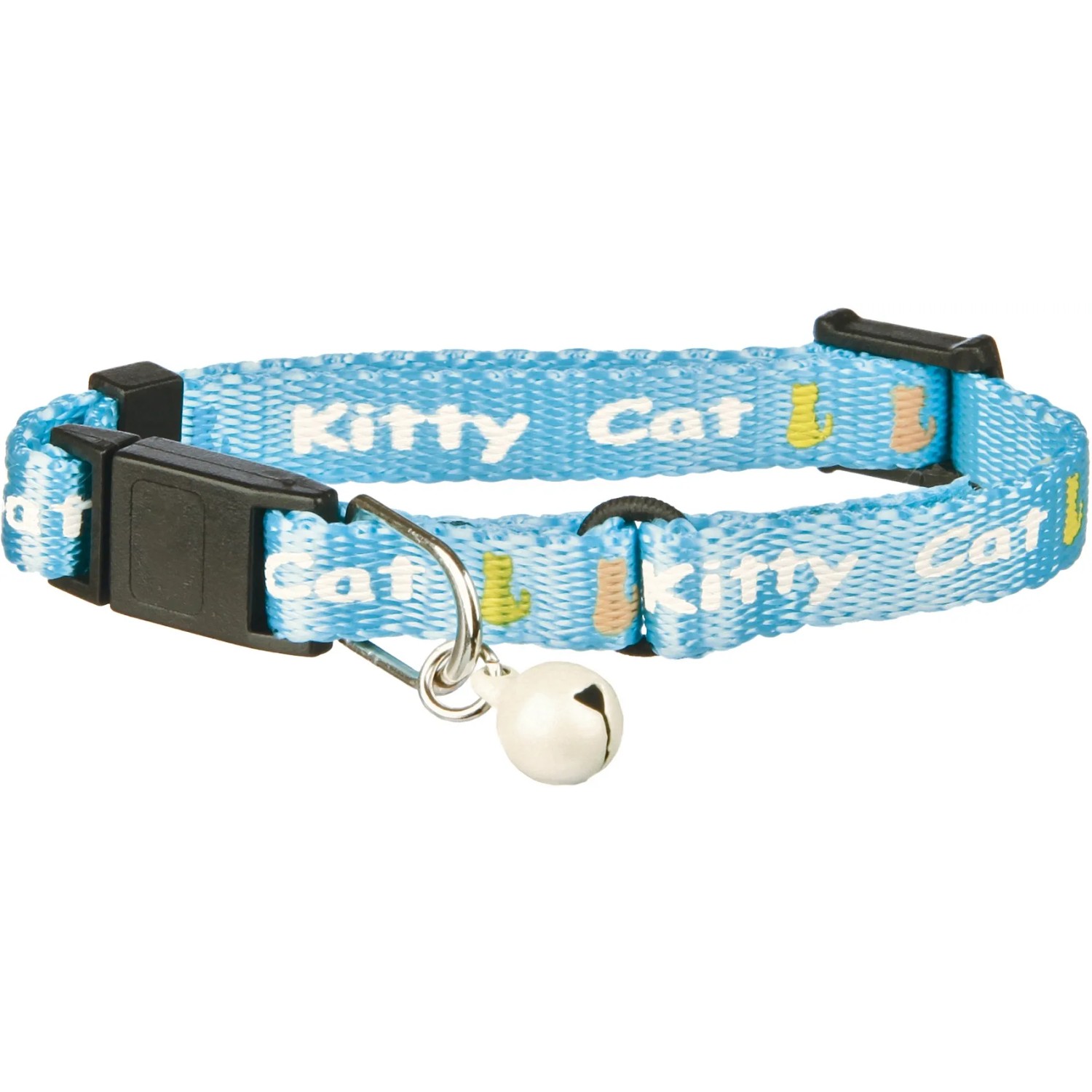 Helles, blaues Jollypaw Kätzchenhalsband aus Nylon mit Schelle und schwarzem Verschluss.