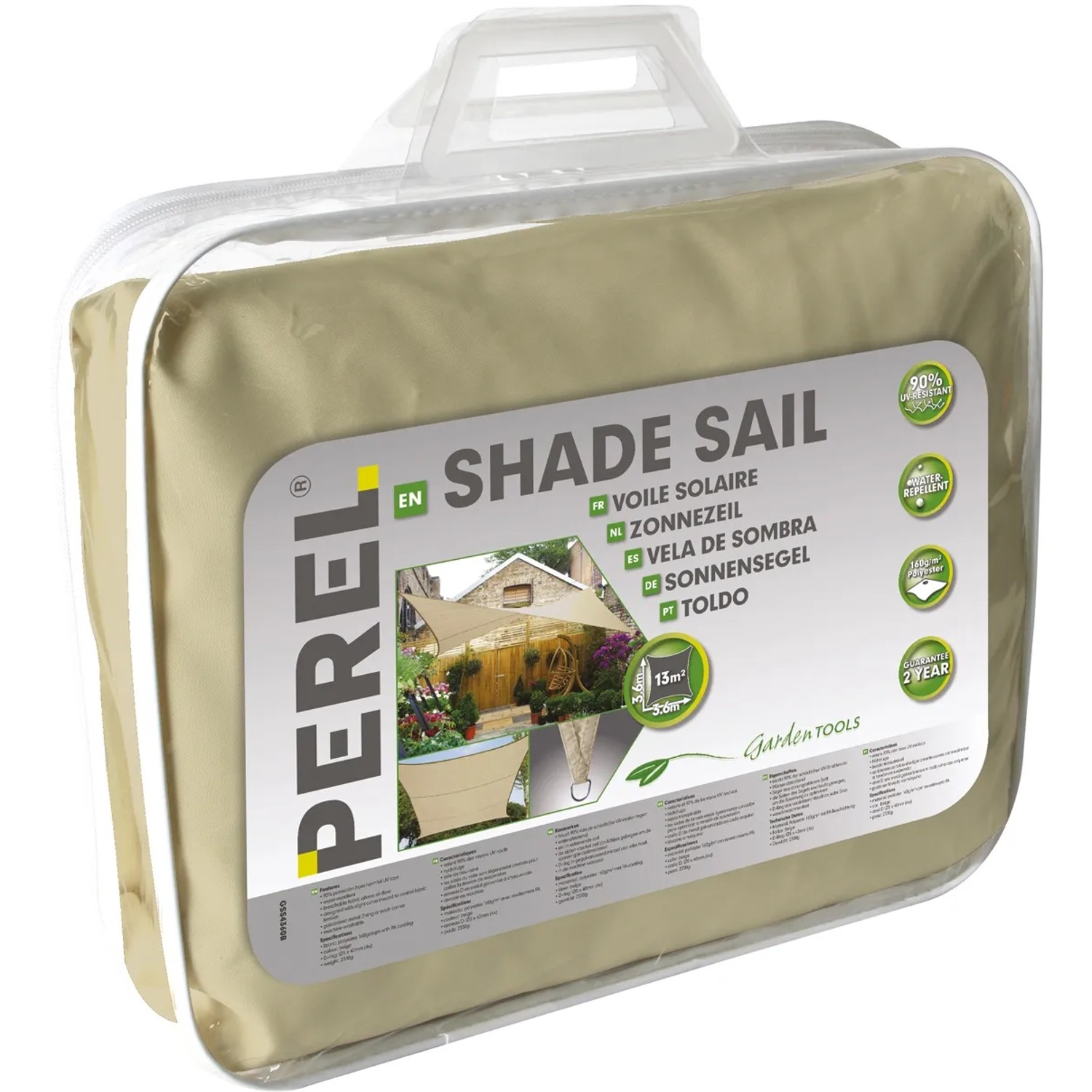 Verpacktes, wasserdurchlässiges Perel Viereck-Sonnensegel, 360x360 cm, in Creme.