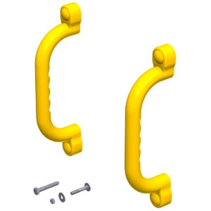 Gelbe Winnetoo Haltegriffe im 2er-Set für Gartenspielgeräte, inklusive Schrauben.