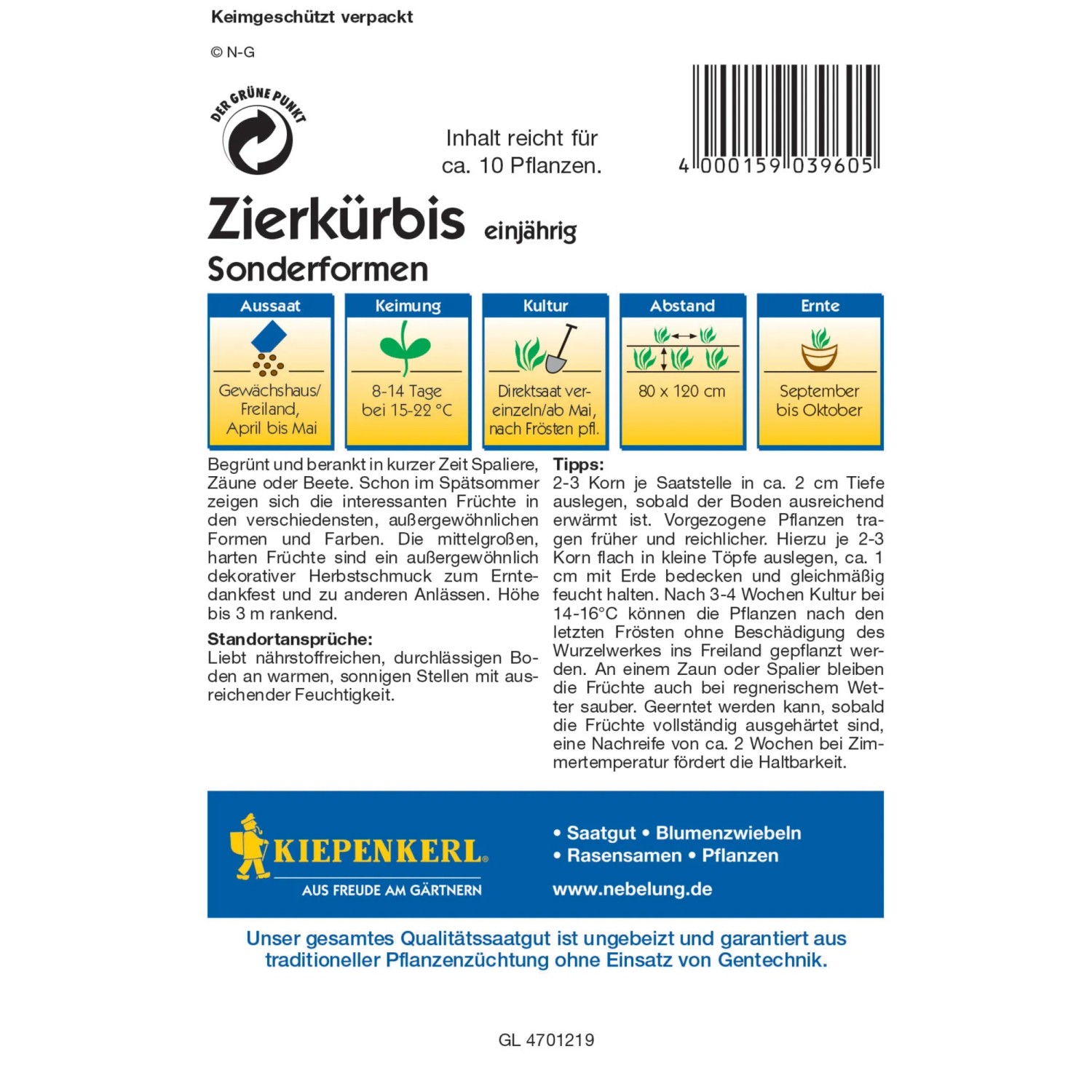 Kiepenkerl Zierkürbis Samen, Gartenkürbis Sonderformen für Spaliere, Zäune und Beete.