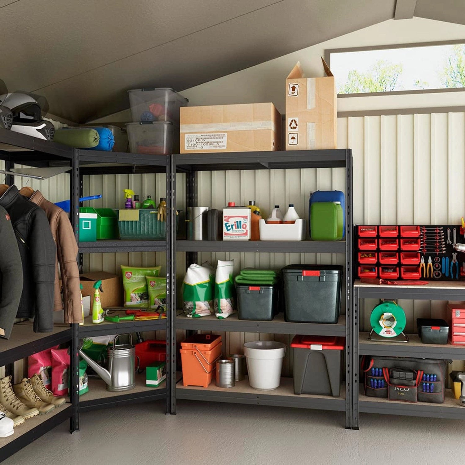 Anthrazitfarbenes Ar Shelving Schwerlastregal mit 5 Böden im Keller oder Garage.