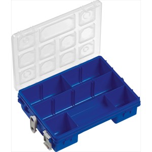 Blauer LUX Sortierkasten mit 7 Fächern und transparentem Deckel. Ideal zur Aufbewahrung.
