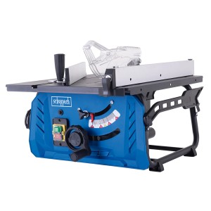 Scheppach HS210 Tischkreissäge: Blaue Tischsäge mit Schutzvorrichtung und Zubehör für präzise Holzschnitte.