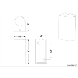 Technische Zeichnung der runden, anthrazitfarbenen Trio Außenwandleuchte Roya mit Maßangaben.