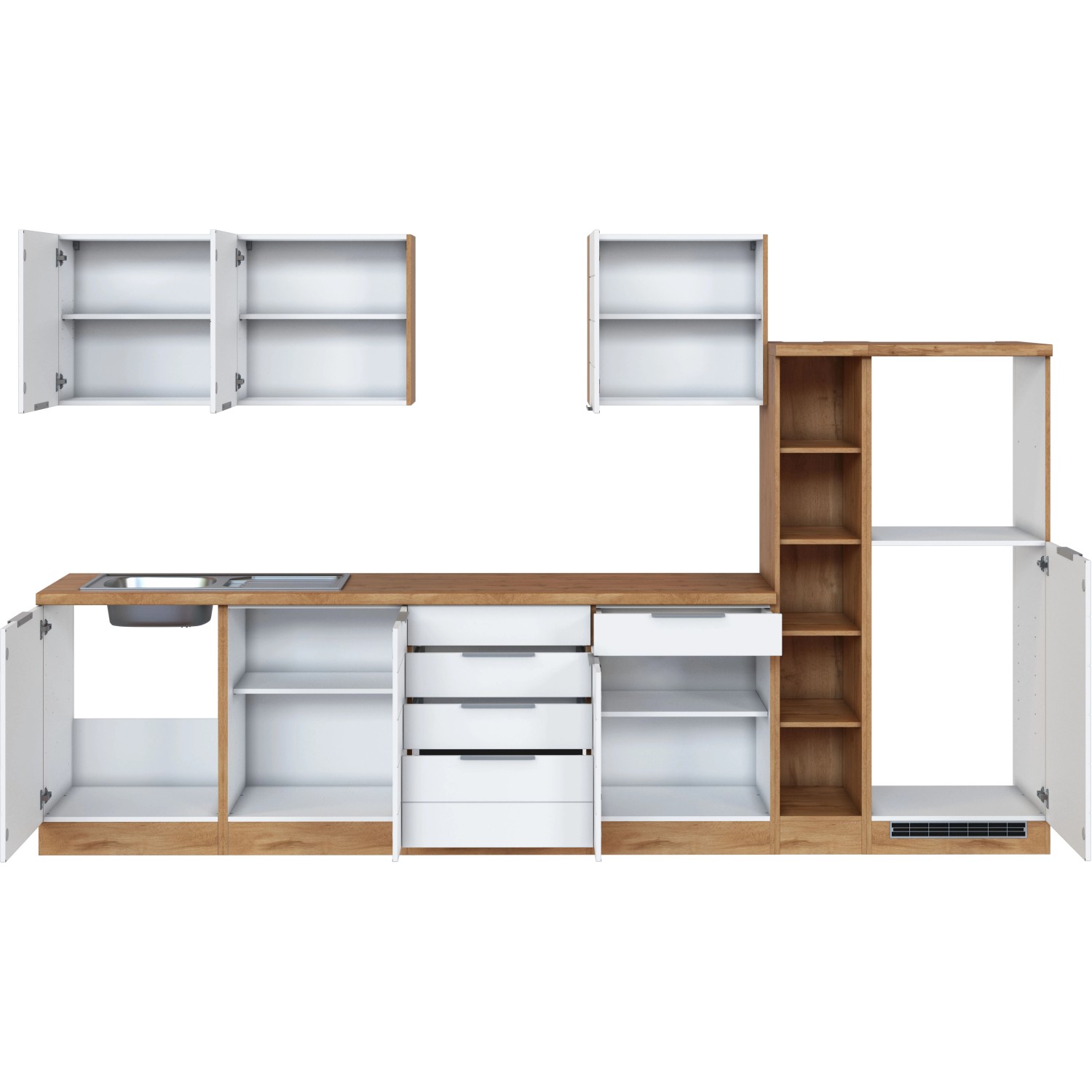 Moderne Küchenzeile (330 cm) in Weiß-Wotaneiche ohne E-Geräte. Viel Stauraum, trendiges Design.