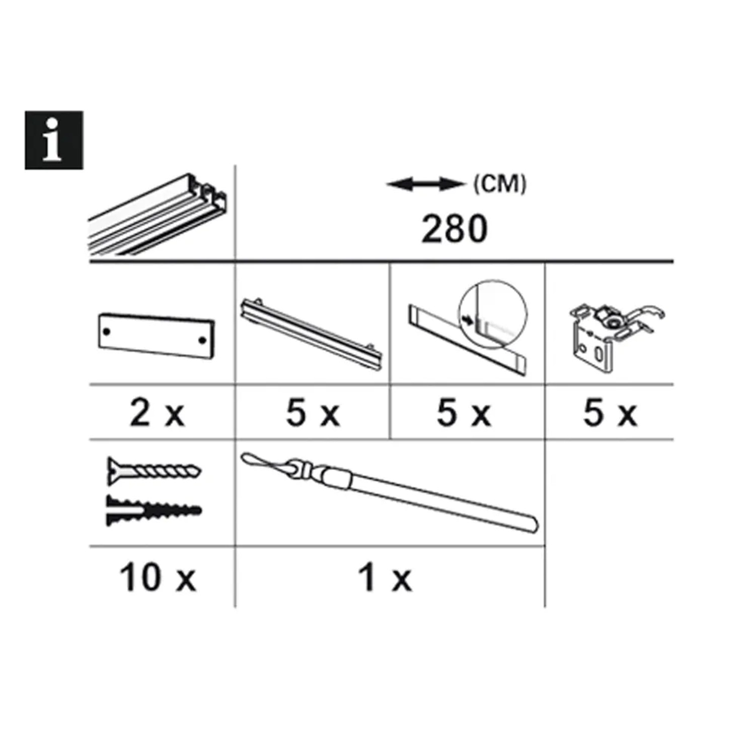 Bestandteile Gardinia Flächenvorhangschiene Komfort Komplett-Set 5-läufig Weiß 280 cm: Schiene, Paneelwagen, Beschwerungsprofile, Träger, Befestigungsmaterial.