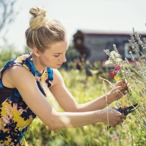 Frau schneidet Blumen mit Gardena Gartenschere B/M im Garten.