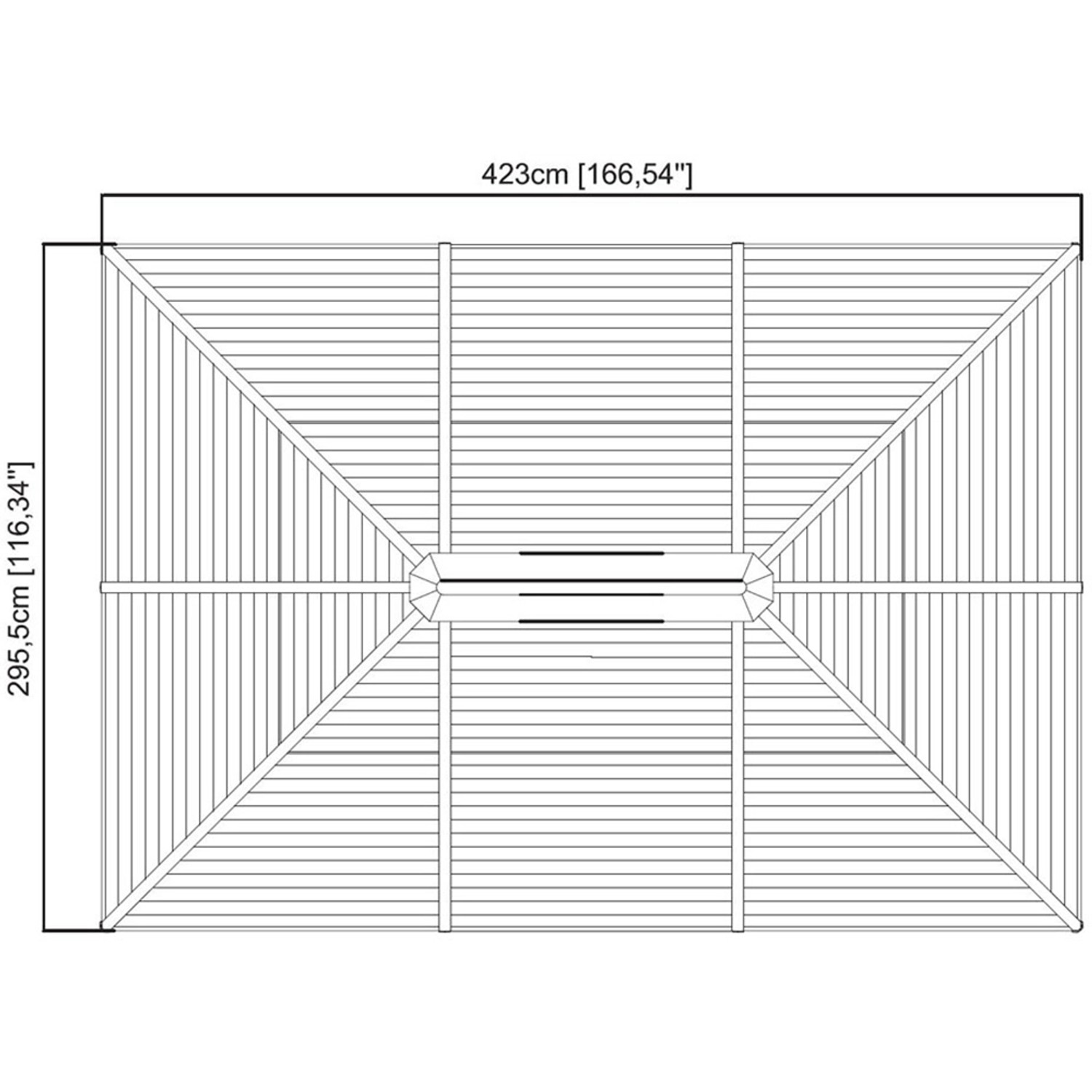 Draufsicht: Sojag Pavillon Ventura, anthrazit, 423x296 cm. Maße des Aluminium Pavillons.