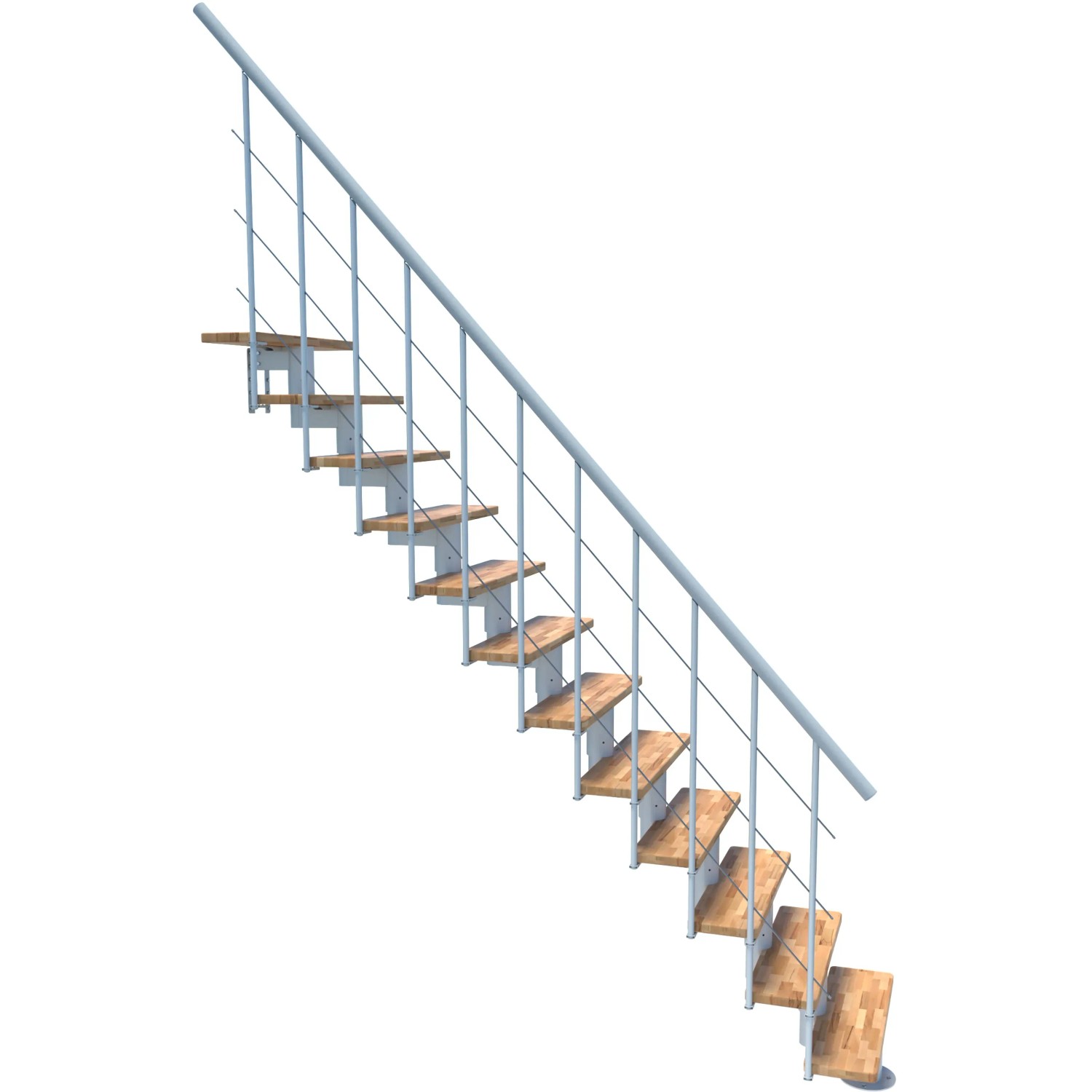 Minka Mittelholmtreppe Comfort Top, Buche weiß, mit Metallgeländer. Raumspartreppe für Innenräume.