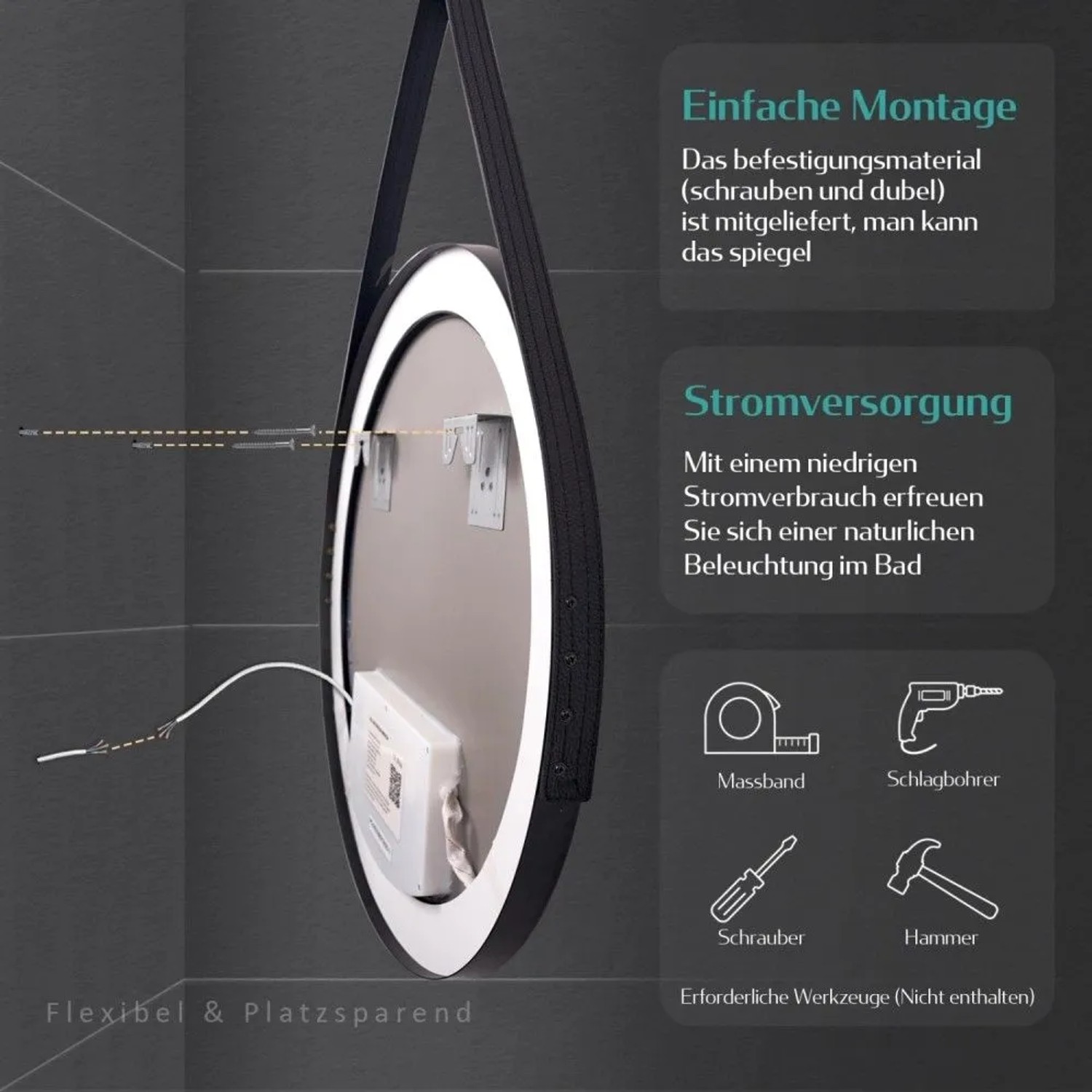 Runder Emke Badspiegel 60 cm mit LED-Beleuchtung, schwarzem Rahmen. Rückseite zeigt Montage, Stromanschluss und Aufhängung.