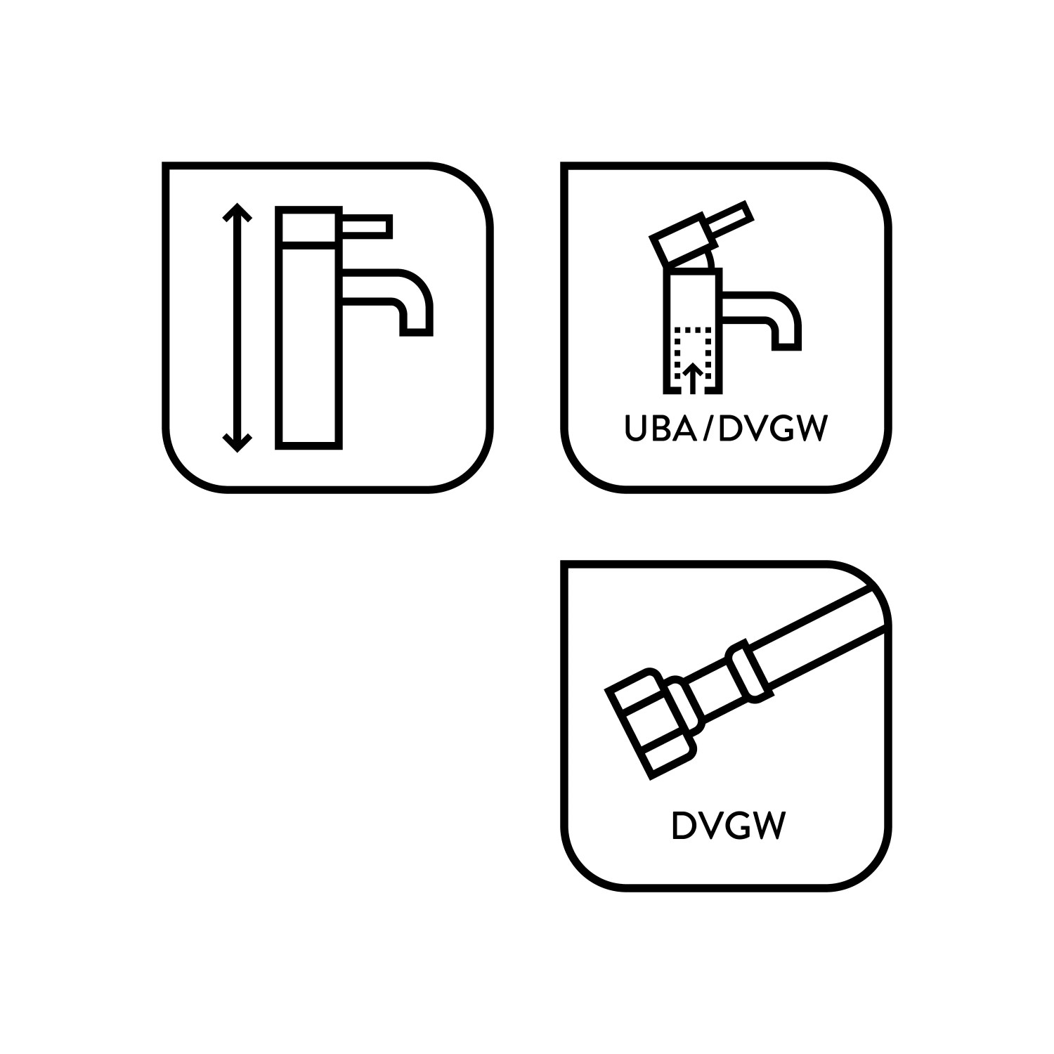 Icons zur baliv Waschtischarmatur WT-621: Höhe, UBA/DVGW-Zertifizierung, DVGW-Anschlussschlauch.