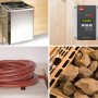 Weka Sauna Bergen Zubehör: Saunaofen, Steuerung, Kabel und Saunasteine für Massivholzsauna.