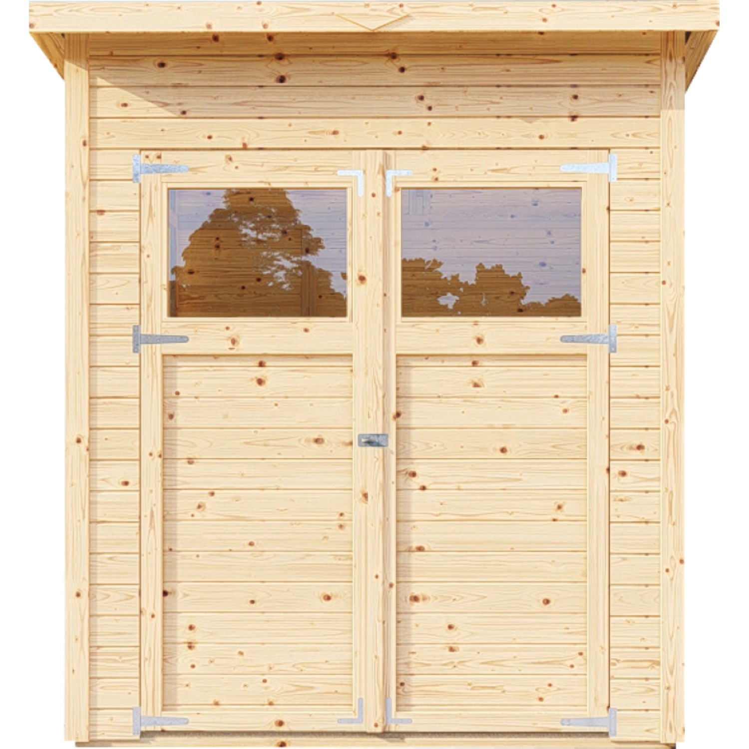 Bertilo Gartenhaus Amrum 2 aus Holz mit Doppeltür und Lichtausschnitten.