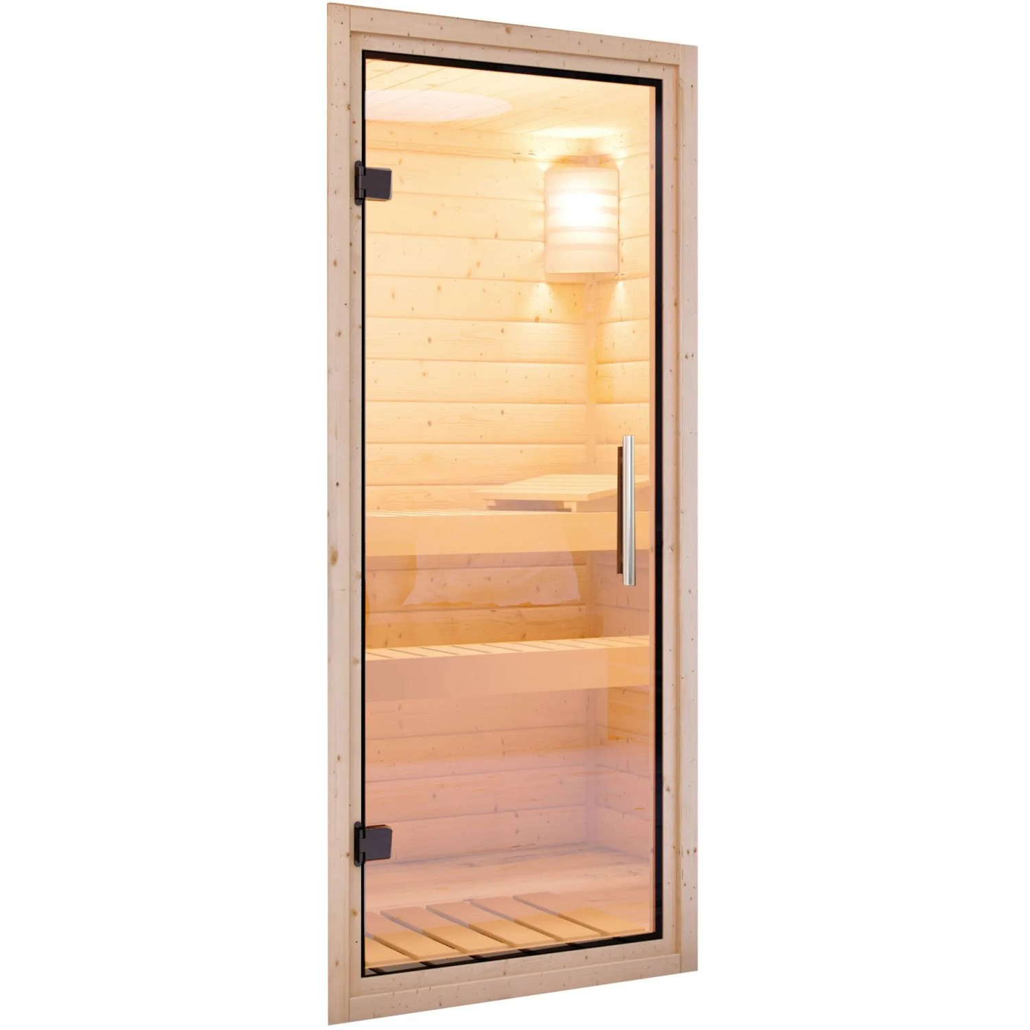 Karibu Sauna Cleo mit Glastür und Bio-Ofen. Elementsauna mit externer Steuerung.