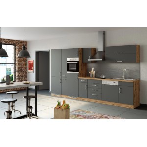 Moderne Held Möbel Küchenzeile Sorrento, 360 cm, in Anthrazit und Wotaneiche mit E-Geräten.