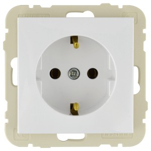 Weiße Logus Steckdose für Unterputzmontage. Schutzkontakt-Steckdose mit Rahmen.