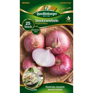 Quedlinburger Steckzwiebel Rosa 'Ptujska Rdeca', flachrunde, rosa Zwiebeln im Korb.