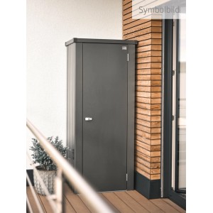 Biohort Terrassenschrank Julia S High, dunkelgrau-metallic, auf Balkon. Schmaler Gartenschrank für platzsparende Aufbewahrung.