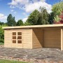Karibu Holz-Gartenhaus Kumla 7 mit Pultdach, unbehandelt, mit Anbau und Doppeltür.