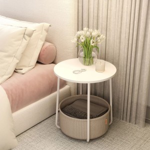 Songmics Beistelltisch Lilea, rund, weiß-beige mit Korb. Moderner Couchtisch für Wohnzimmer und Schlafzimmer.