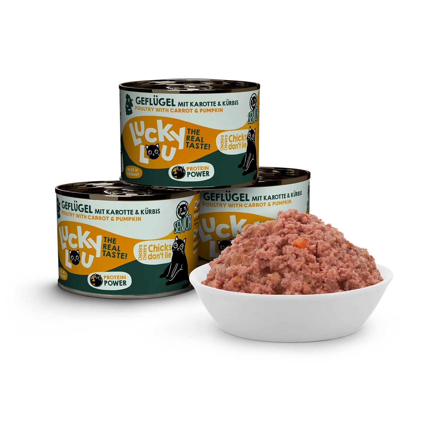 Lucky Lou Katzen-Nassfutter Senior Geflügel, 200g Dose und Schale mit Futter.