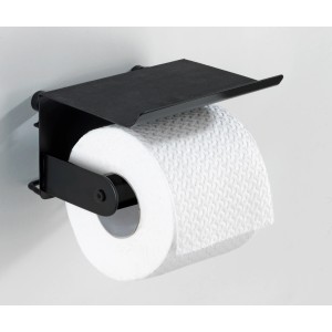 Schwarzer Wenko Toilettenpapierhalter mit Ablage Classic Plus zur Wandmontage mit Papierrolle.