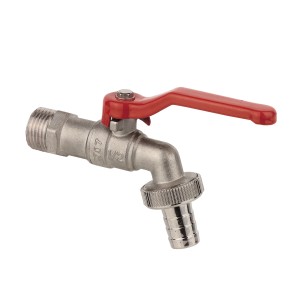 Kirchhoff Kugelauslaufventil 21 mm mit rotem Hebel und Schlauchverschraubung.