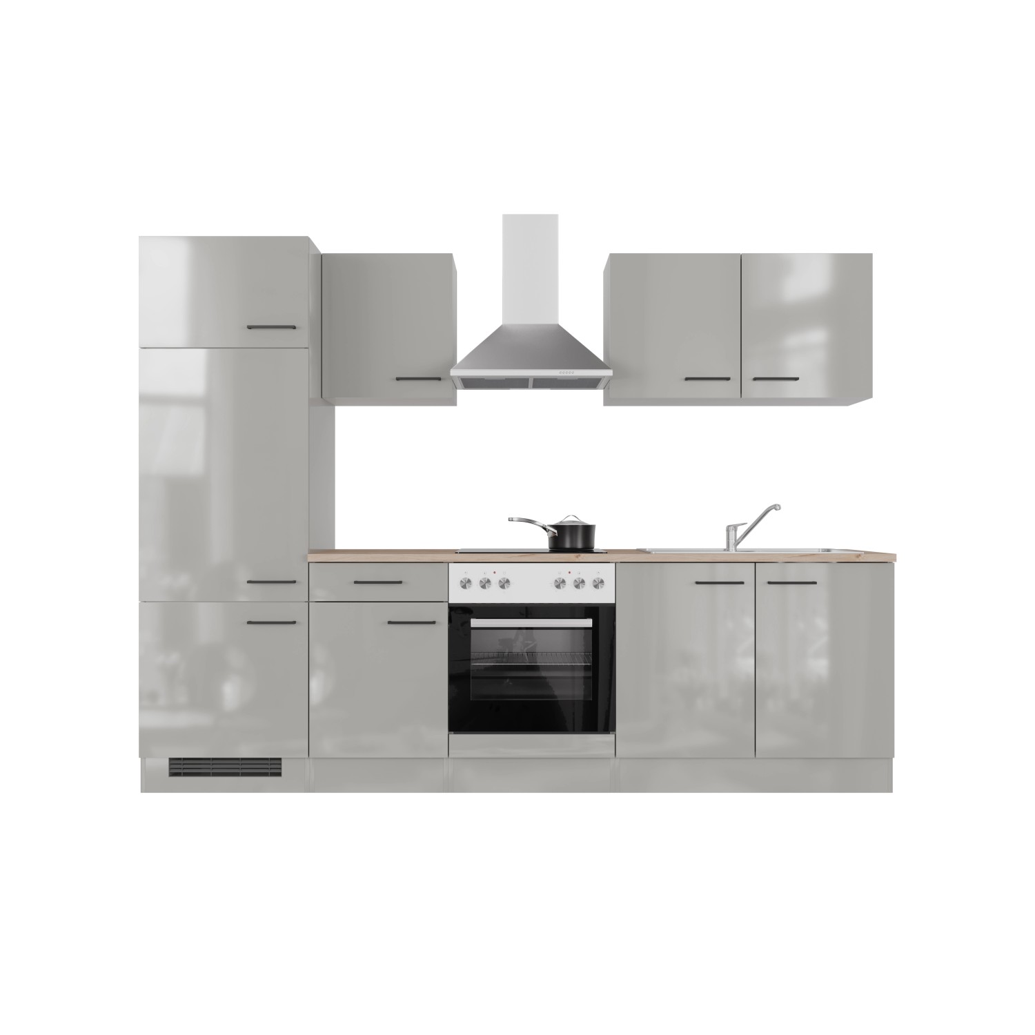 Flex-Well Küchenzeile Lund, 270 cm, lichtgrau glänzend/rauchgrau, mit E-Geräten und Spüle.