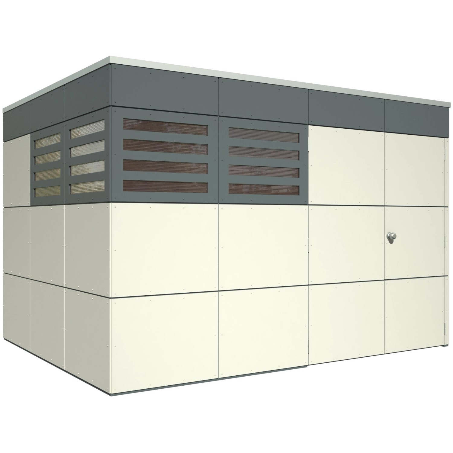 Modernes Skan Holz Gartenhaus Sydney, 337x253 cm, mit Fassadenplatten in Telegrau.