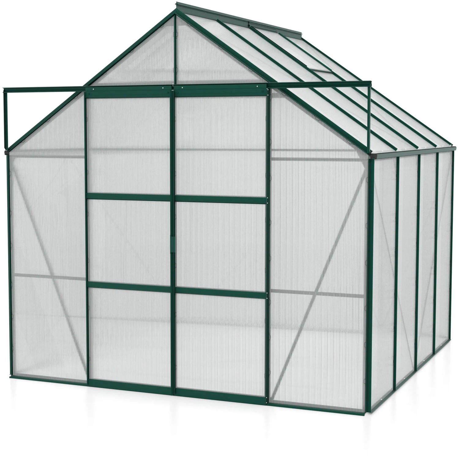 Gewächshaus Uranus 6700 mit 6 mm Hohlkammerplatten, grünem Rahmen und Doppelschiebetür.