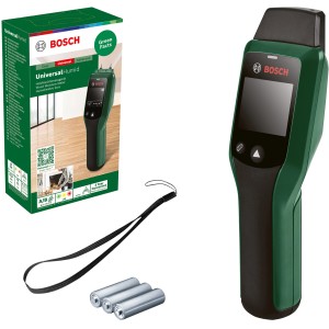 Bosch UniversalHumid Feuchtigkeitsmessgerät mit Zubehör: Batterien, Handschlaufe und Verpackung.