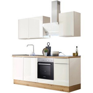 Respekta Küchenzeile Marleen 220 cm in Artisan-Eiche und Weiß mit E-Geräten.