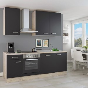 Flex-Well Küchenzeile Lara, 220 cm, Anthrazit/San Remo Eiche hell, mit E-Geräten und Spüle.