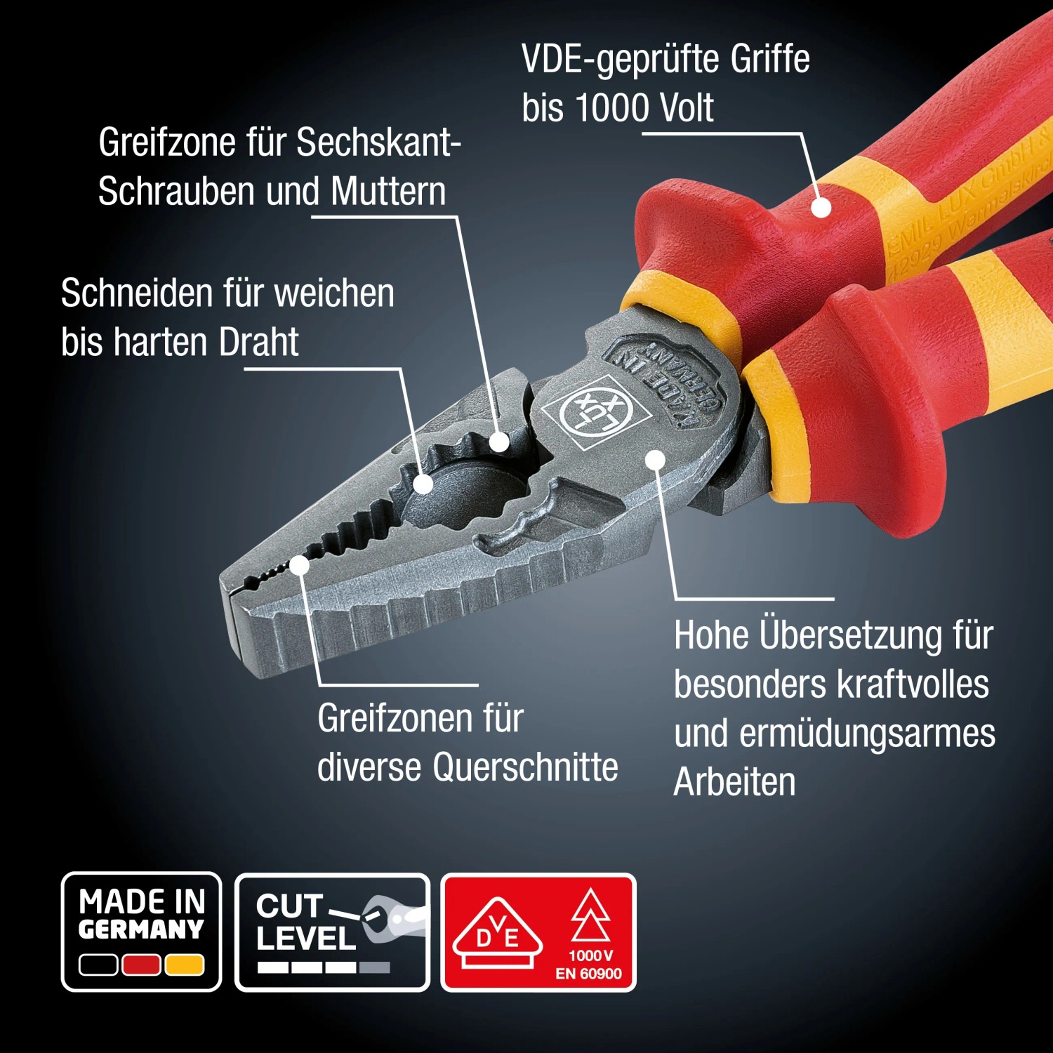 LUX PRO Kraft-Kombizange 180mm, VDE-geprüft, isolierte Griffe, Made in Germany.