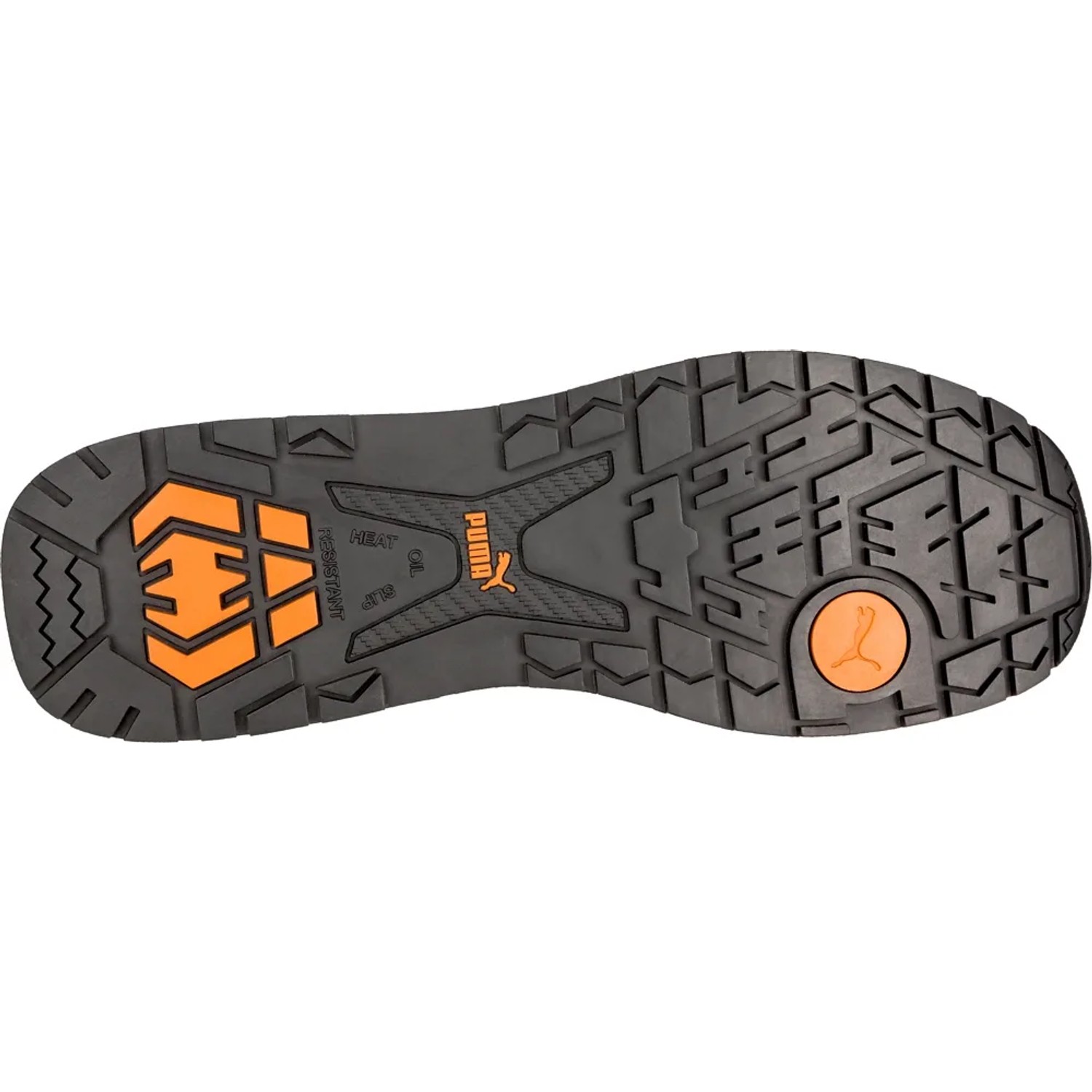Sohle des Puma Safety Crosstwist Low S3 Arbeitsschuhs in Blau-Orange, Größe 43.