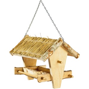 Hängende Vogelfutterstation mit Strohdach aus Birkenholz für Wildvögel.