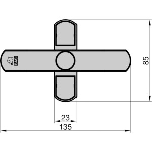 Technische Zeichnung: Basi Fenster-Zusatzsicherung für Doppelflügel, Maße 85x135 mm.