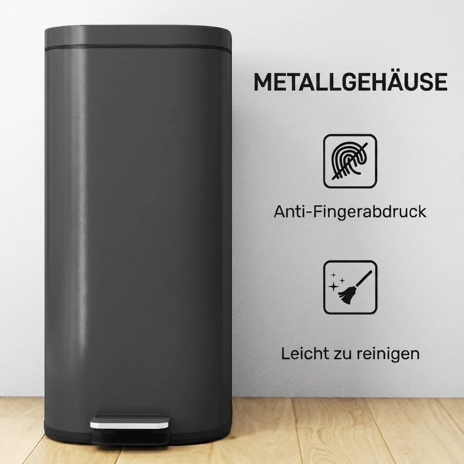 Schwarzer HOMCOM Mülleimer aus Metall mit Fußpedal, fingerabdruckresistent. 30L Abfalleimer für Küche.