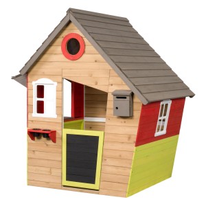 Swing King Spielhaus Fairytale aus Holz mit Briefkasten und Blumentöpfen.