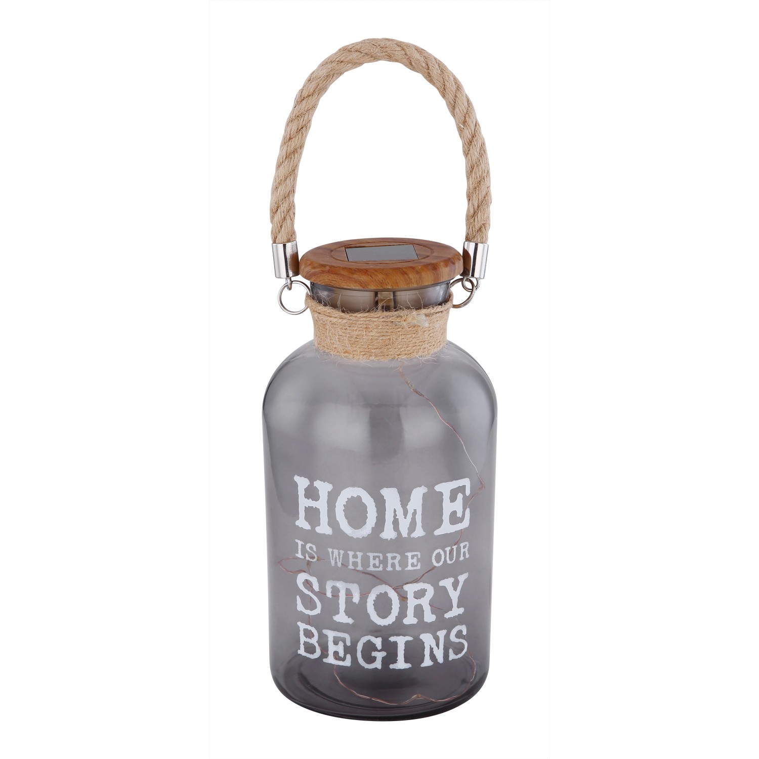 Globo Solarleuchte zum Hängen/Stellen, 10-flammig, 20cm, Glas mit Kordelgriff und Spruch.