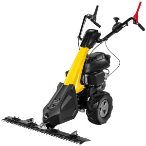 Texas Balkenmäher CB8750, schwarz-gelb, mit 87 cm Mähbalken und Traktorprofil-Rädern.