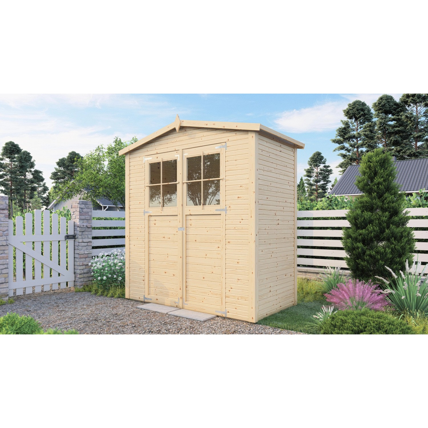 Bertilo Gerätehaus aus Holz mit Doppeltür und Fenster, naturbelassen.