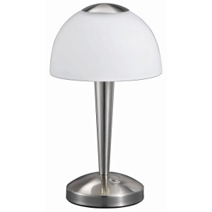 Trio LED-Tischleuchte Touch Nickel matt mit weißem Glasschirm, Nachttischlampe.