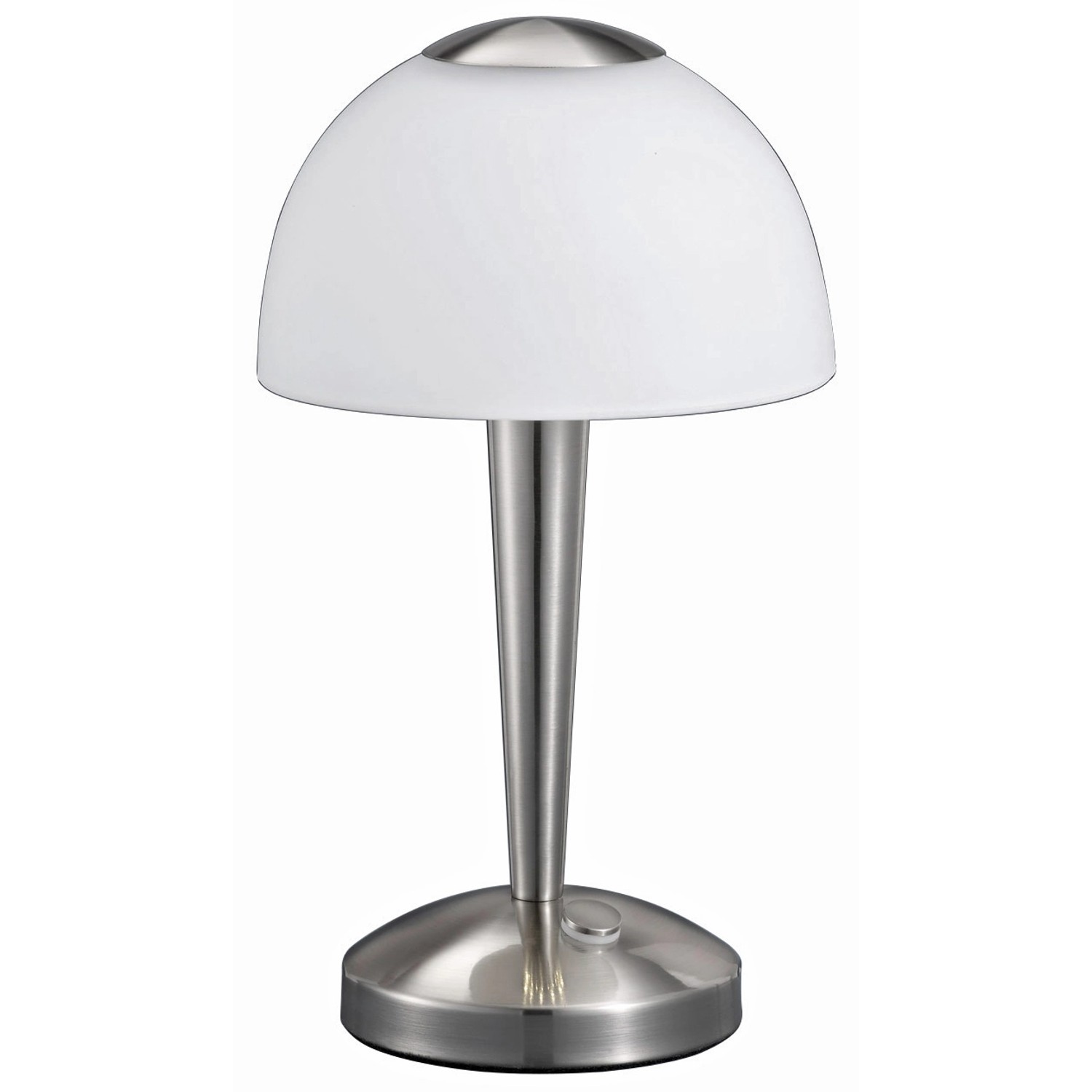 Trio LED-Tischleuchte Touch Nickel matt mit weißem Glasschirm, Nachttischlampe.