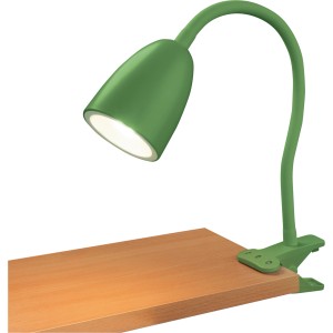 Grüne LED-Klemmleuchte Vidorni mit flexiblem Hals, ideal als Leselampe oder Schreibtischleuchte.
