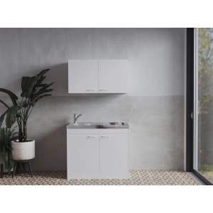 Respekta Miniküche Levin 100 cm mit Kochmulde und Oberschrank, weiße Fronten.